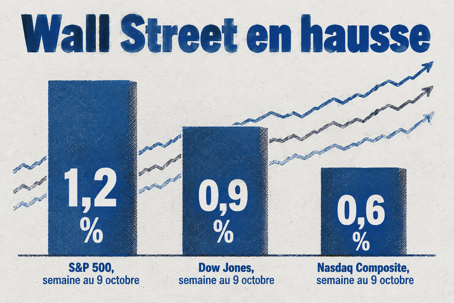 Au 9 octobre, le S&P 500 gagne 1,2 %, le Dow Jones 0,9 % et le Nasdaq Composite 0,6 % sur la semaine.