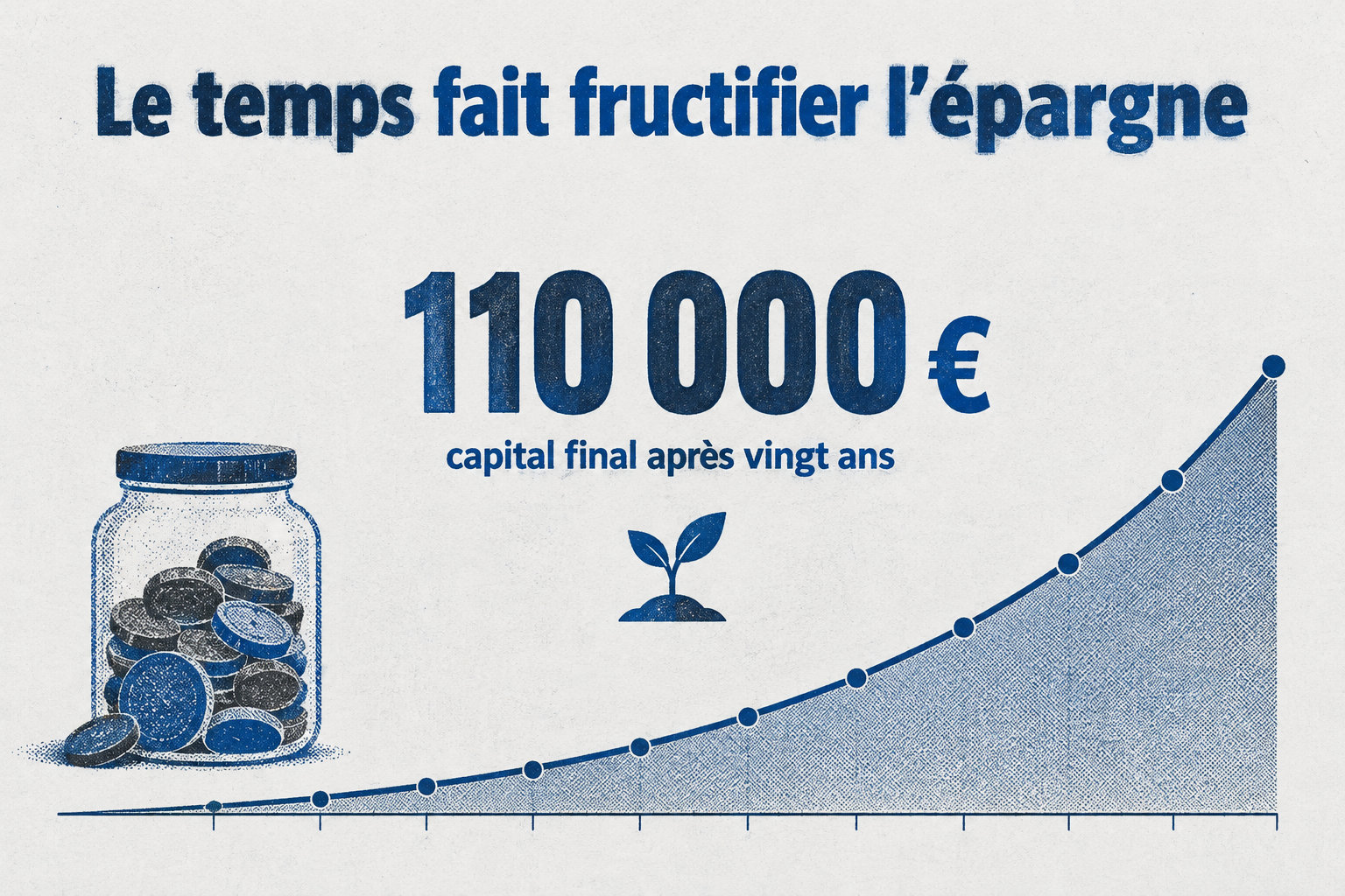 Avec des versements mensuels de 300 € et un rendement annuel hypothétique de 4 %, le capital final atteint environ 110 000 € après vingt ans.
