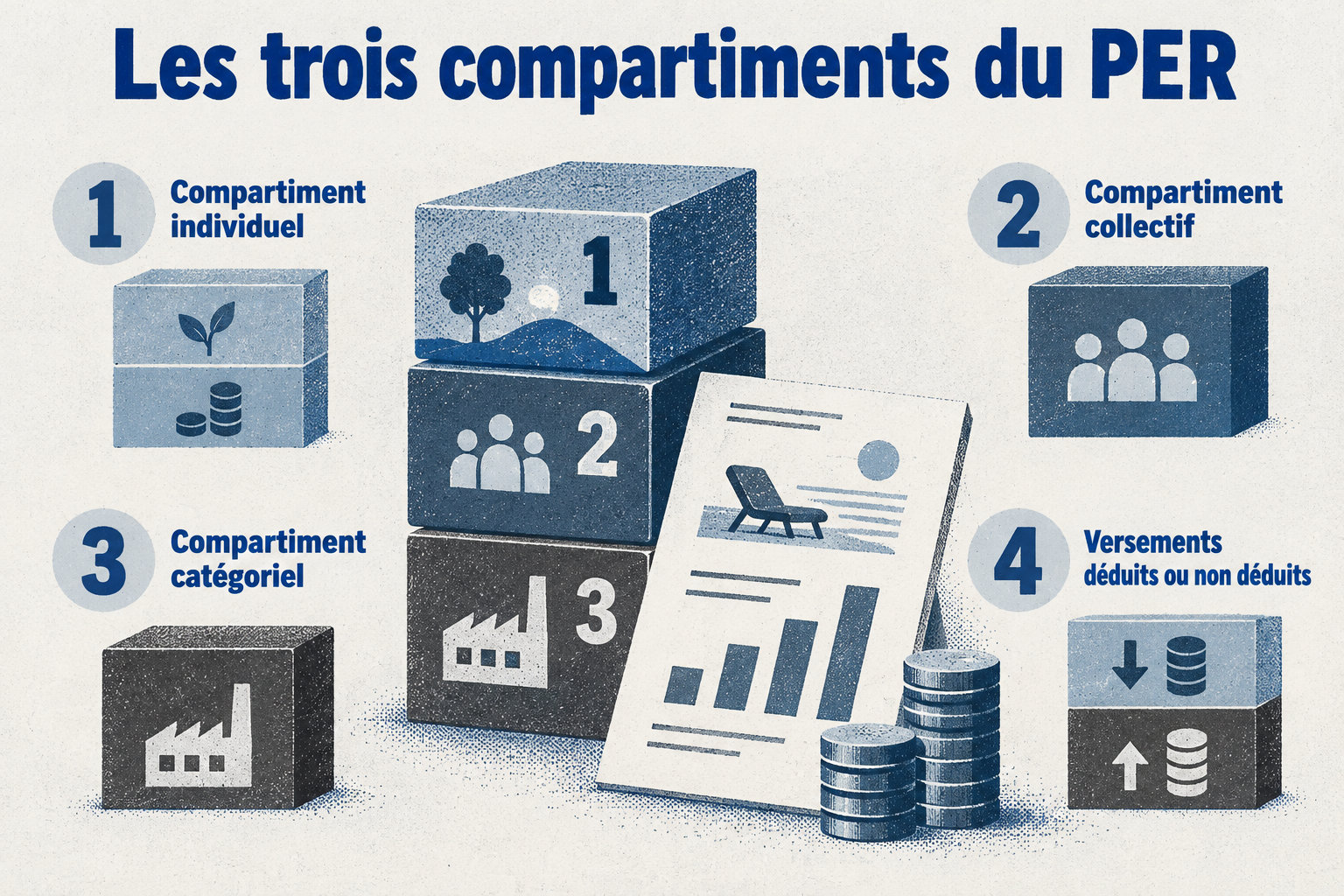 Le PER comprend un compartiment individuel, un collectif et un catégoriel ; l’individuel distingue les versements déduits de ceux non déduits.
