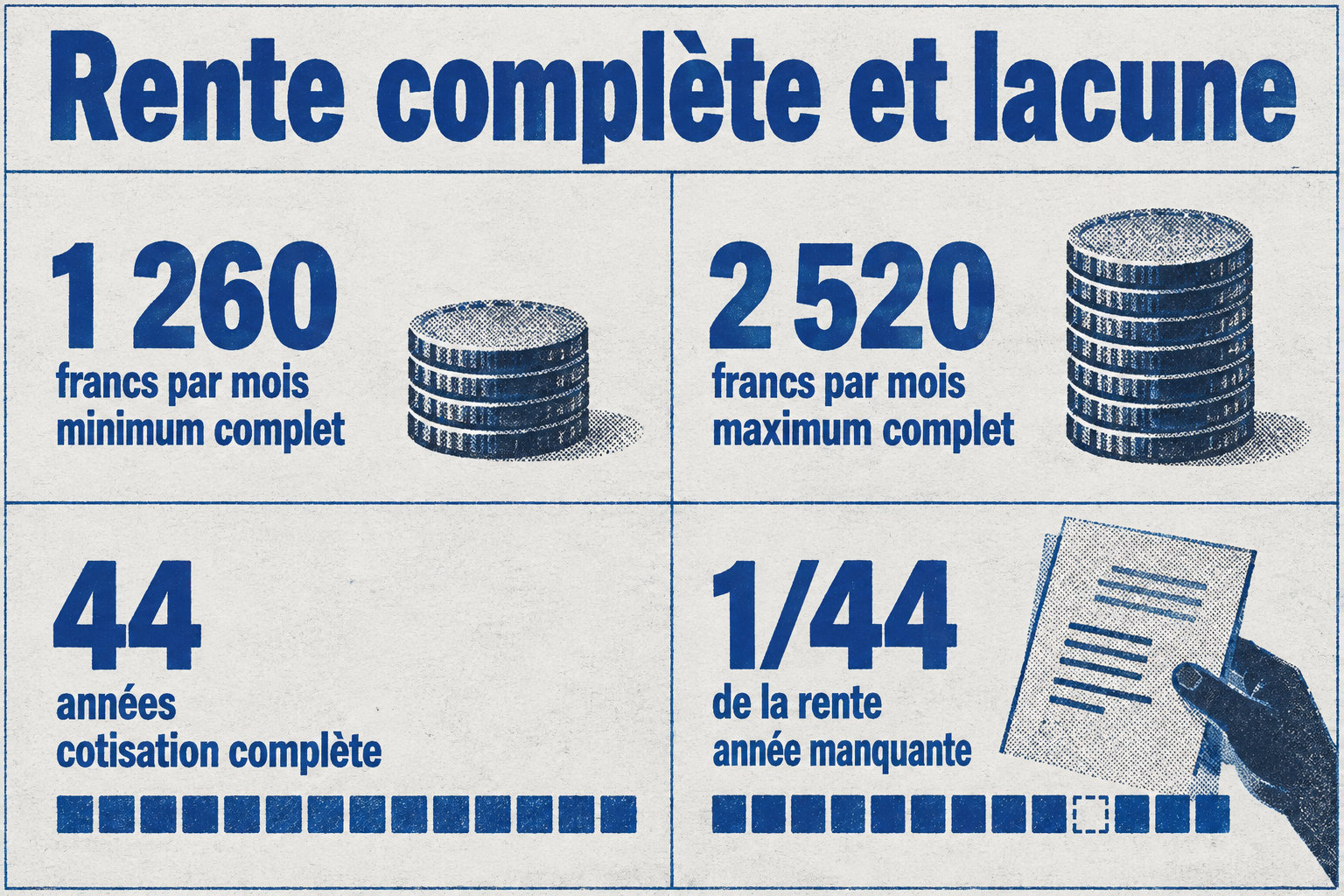 La rente AVS complète va de 1 260 à 2 520 francs par mois pour 44 années de cotisation; une année manquante réduit en principe la rente de 1/44.