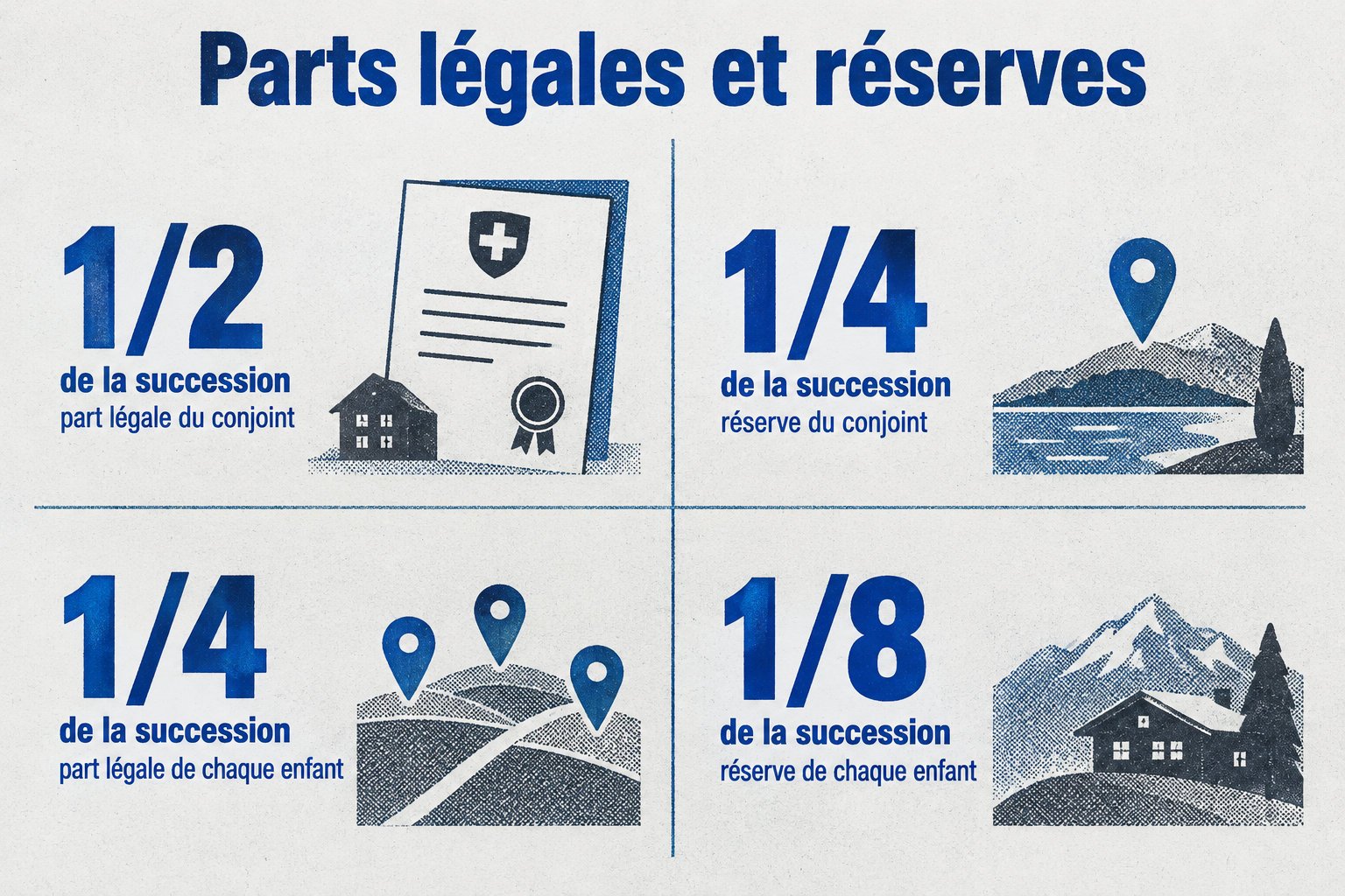 Le conjoint a une part légale d’une moitié et une réserve d’un quart ; chaque enfant a une part légale d’un quart et une réserve d’un huitième.