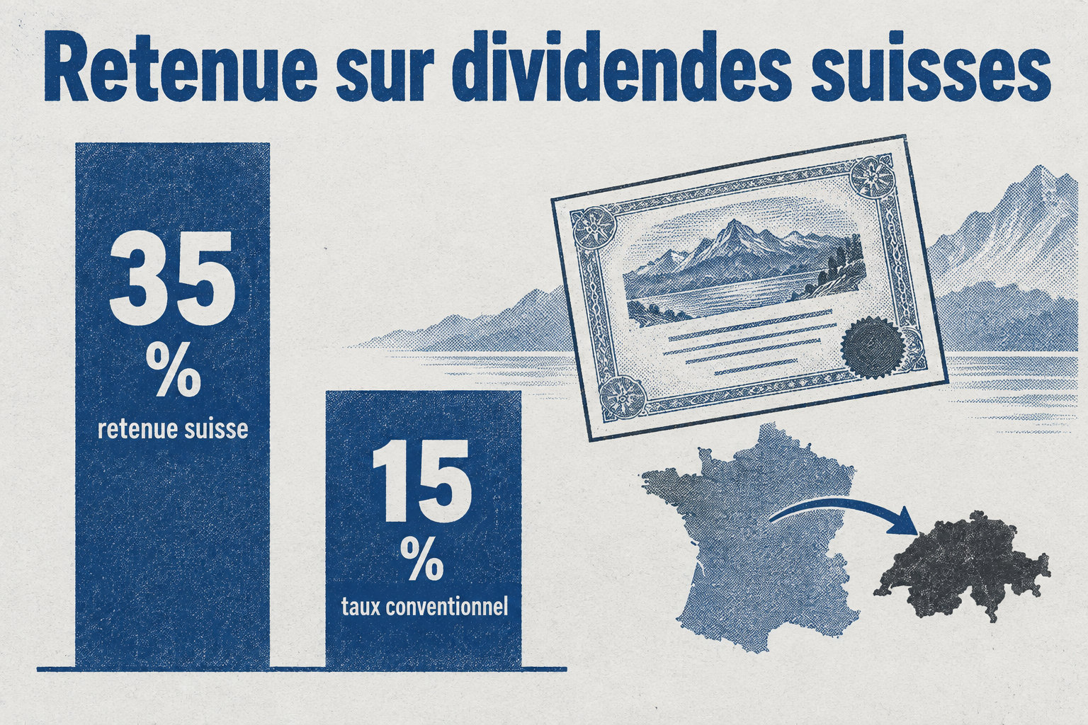 La retenue suisse sur les dividendes est de 35 %, mais le taux conventionnel pour un résident de France est généralement de 15 %.