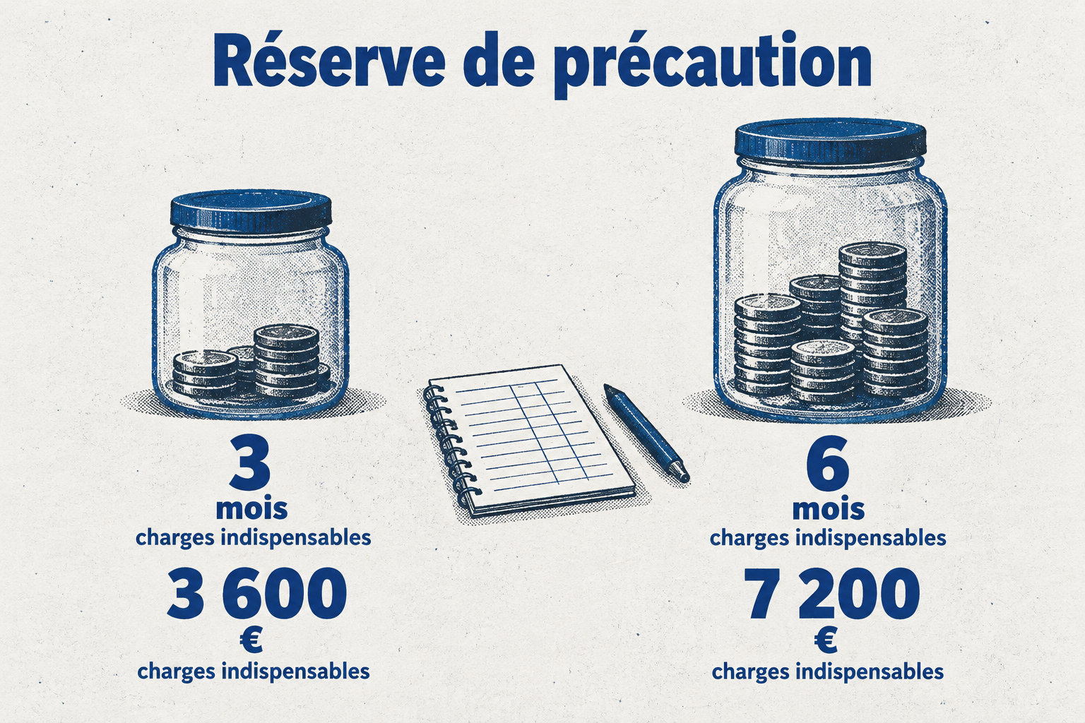 Pour 1 200 € de dépenses indispensables par mois, une réserve de 3 à 6 mois représente 3 600 à 7 200 €.