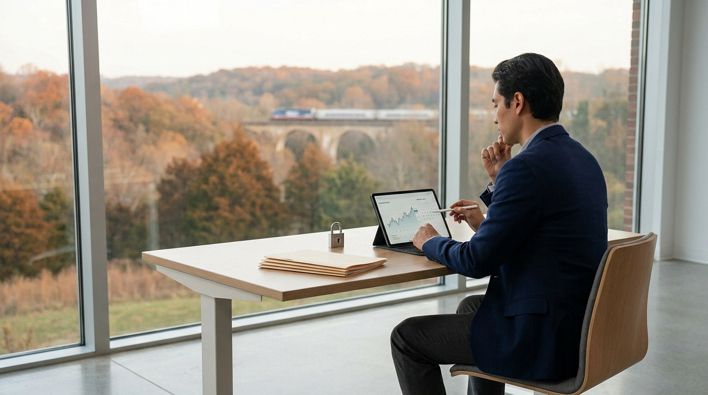 Un professionnel en costume travaillant sur une tablette devant une baie vitrée avec vue sur un train et un paysage d'automne.