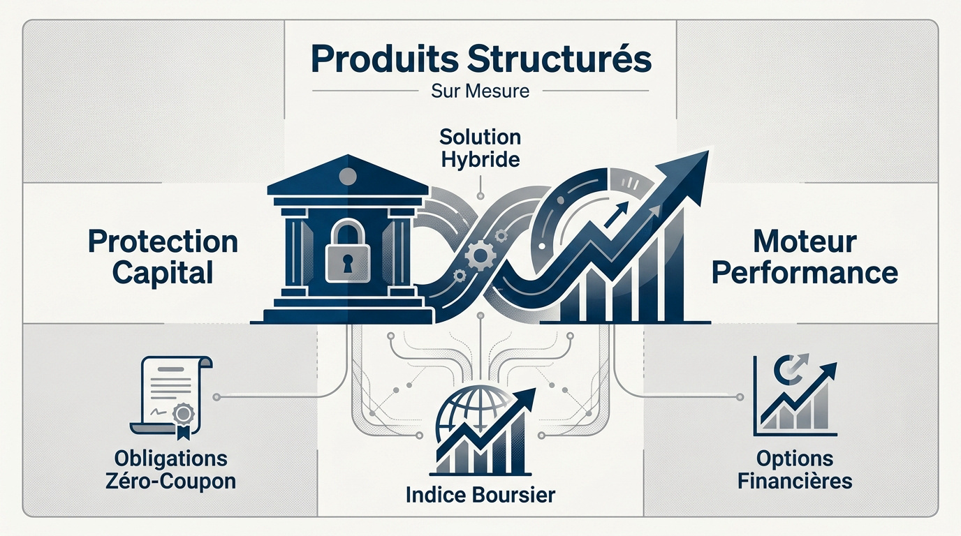 Schéma explicatif de la structure hybride d'un produit structuré combinant protection et performance
