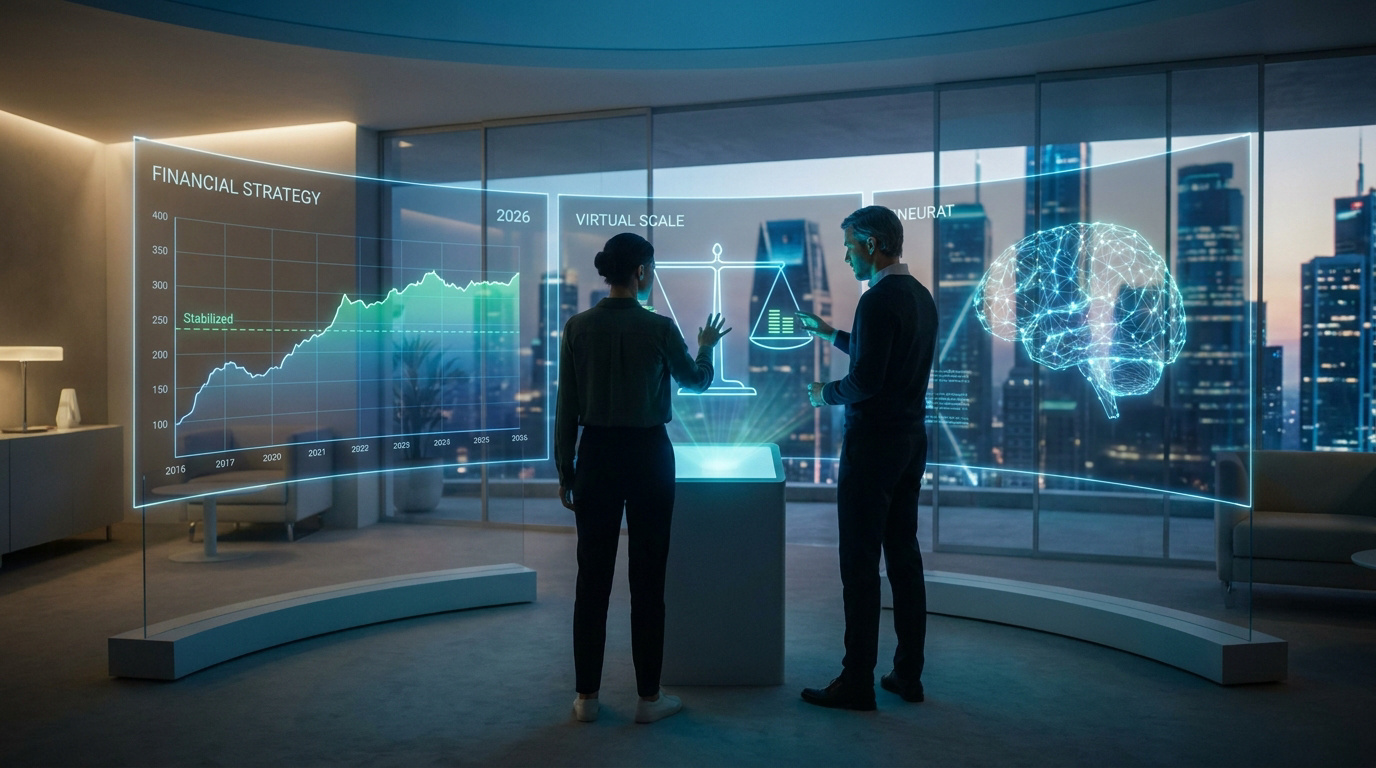 Deux professionnels analysant des graphiques financiers et un cerveau numérique en 3D sur un écran transparent.