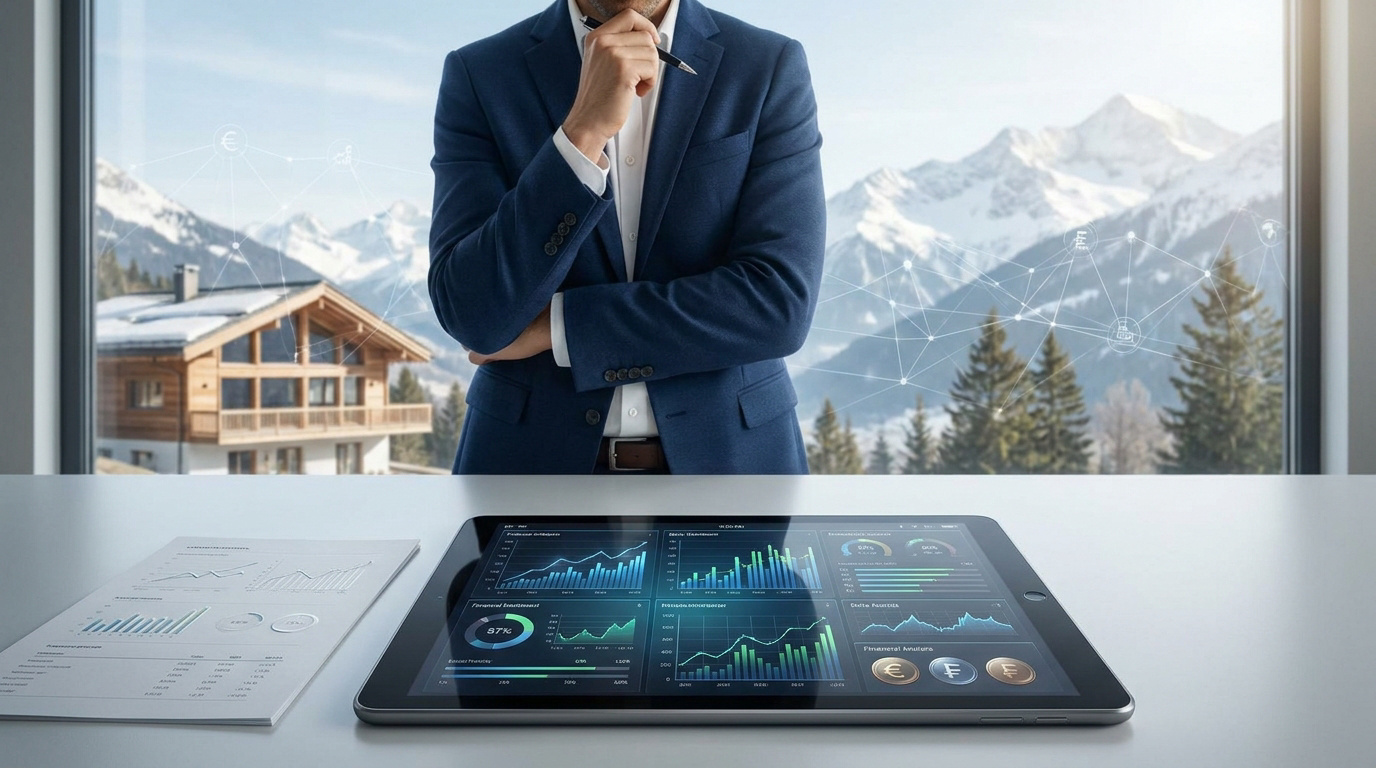Un homme d'affaires devant une tablette affichant des graphiques financiers avec un chalet suisse en arrière-plan.