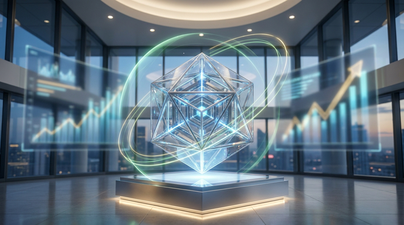 Structure géométrique en cristal avec des graphiques boursiers holographiques flottants dans un bureau moderne.
