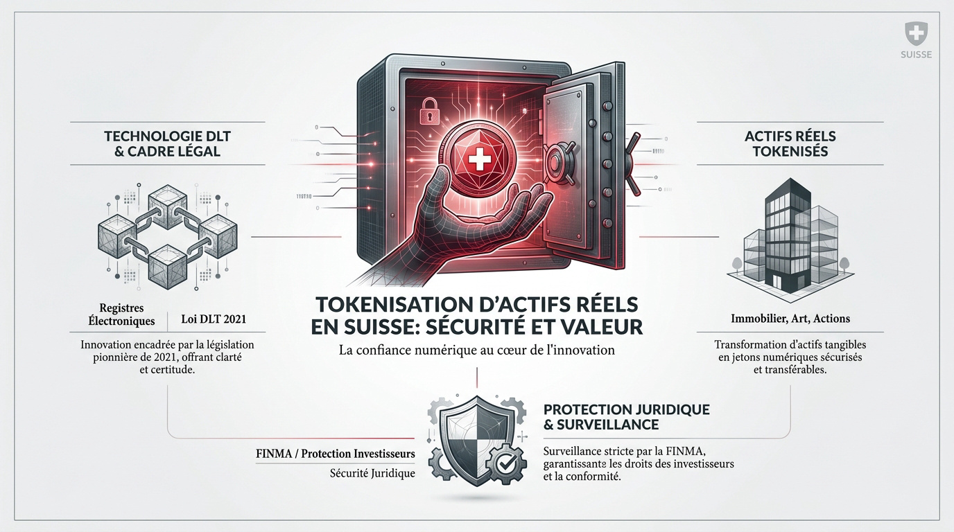 Représentation de la sécurité juridique de la tokenisation d'actifs réels en Suisse avec la loi DLT et la FINMA